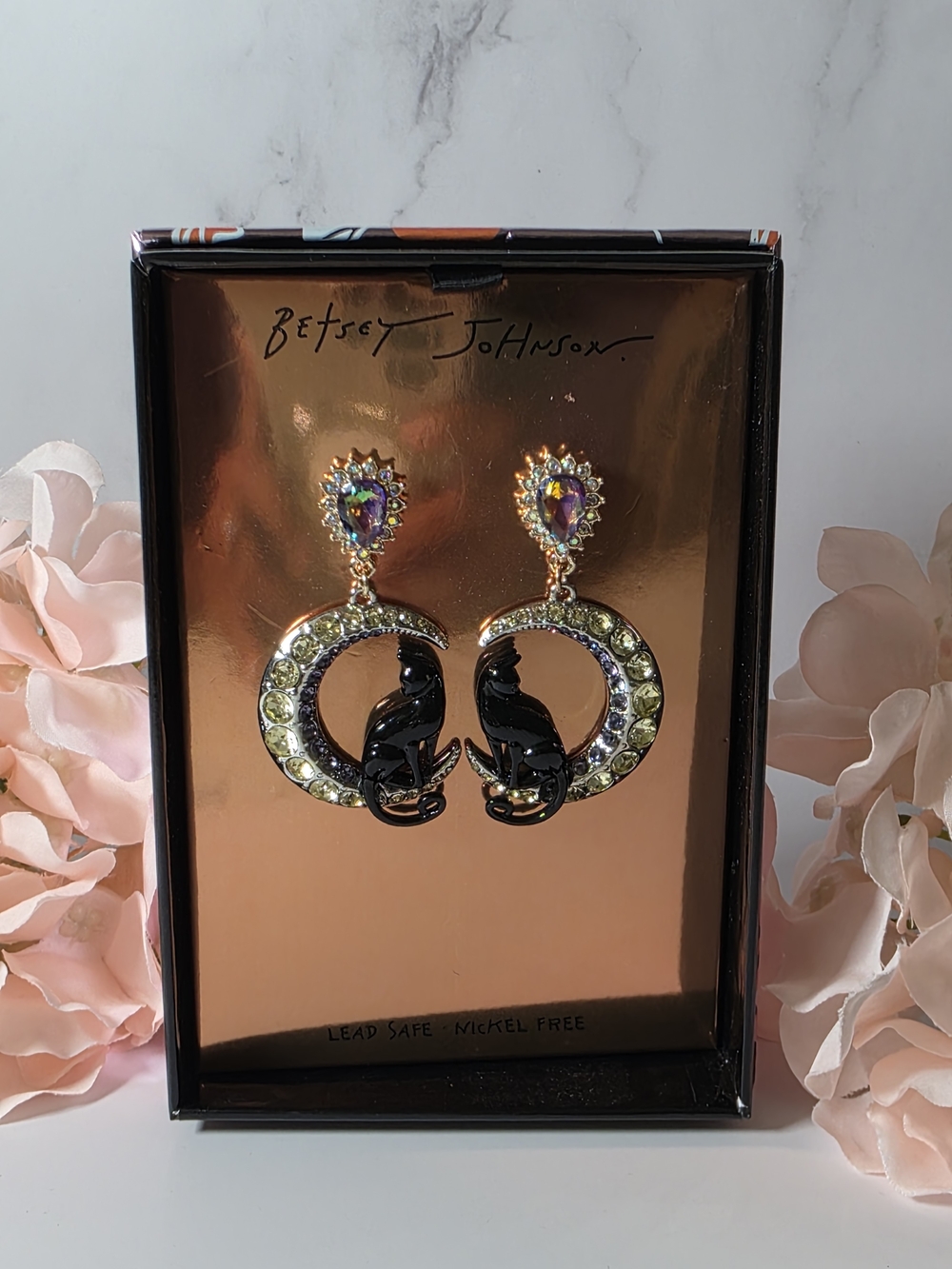 Betsey Johnson Black Cat Crystal Hoop Drop Earrings - Black & Gold